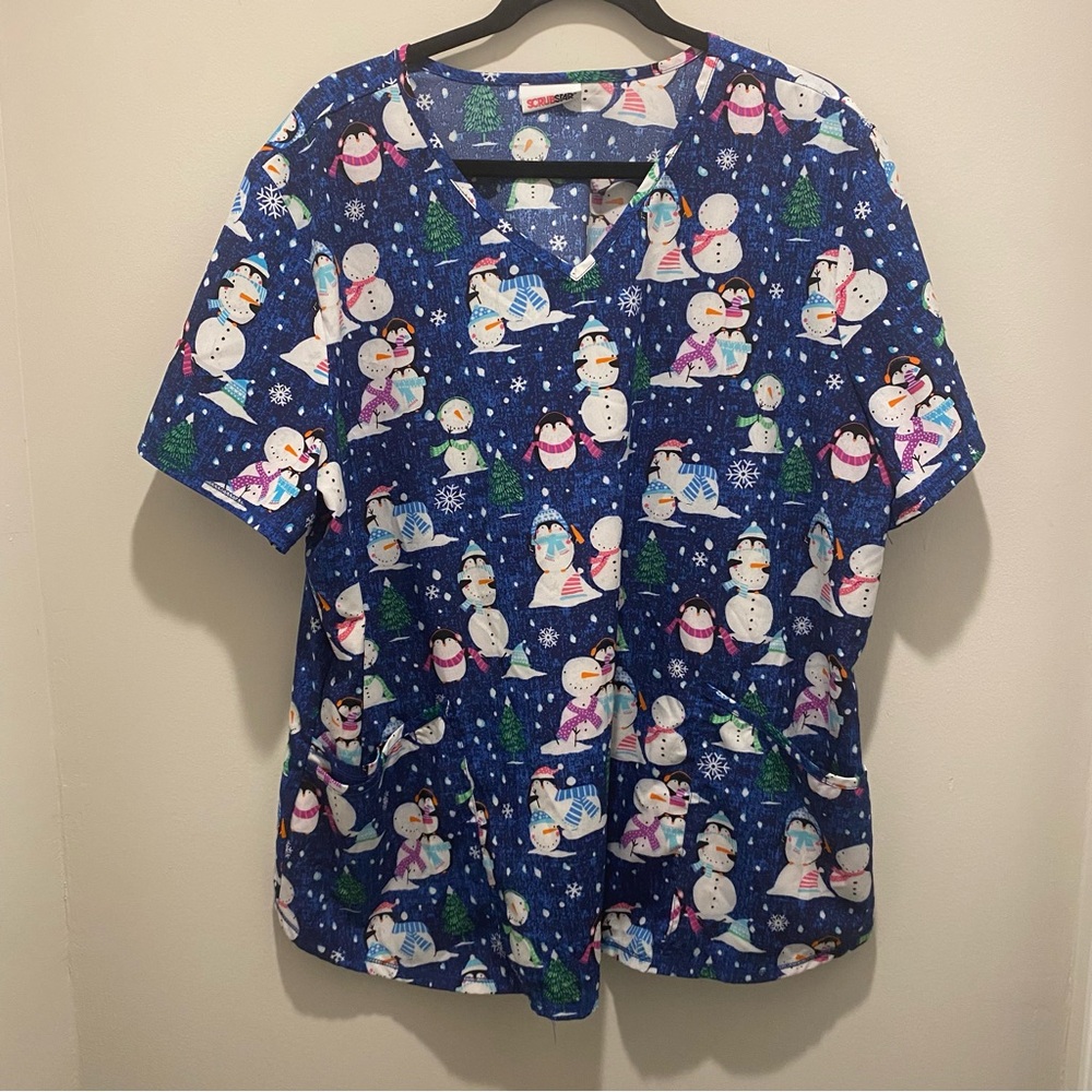 Scrubstar Festive Snowman and Penguin Print Scrub Top Blue Women’s Size XL